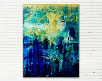 Abstract schilderij Abstracte kunst blauw en geel acryl landschap schilderij originele kunst schilderij op canvas kunst aan de muur decor