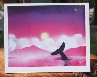 Spray paint print on blank card of original. whale in Ocean. Pink spray paint art mountain scene. "newfoundland inspiration"