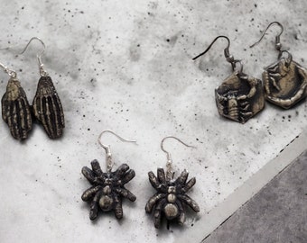 Handmade ceramic creepy earrings, Halloween earrings, skeleton hand, spiders and scorpions