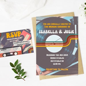 70&#39;s retro music wedding or event invitation package,