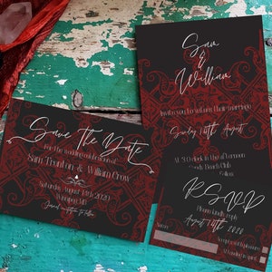 Gothic red lace dark wedding invitation package digital editable download image 1