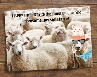 Funny sheep unique individual birthday card for that interesting different person in your life. Download to print, digital copy