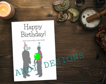 Horror themed funny birthday card, digital downloadable and printable