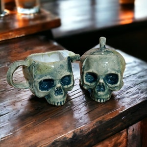 Handmade skull ceramic sugar and cream bowl mini set