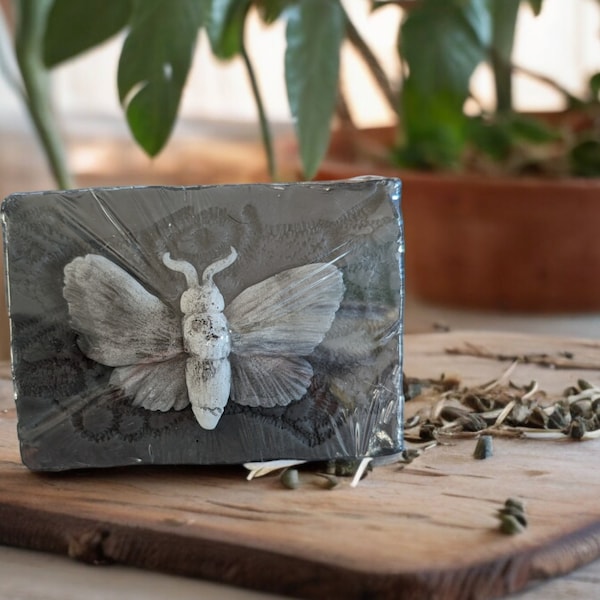 deaths head hawk moth soap bar, resurrection bar, musk eucalyptus and mint smell