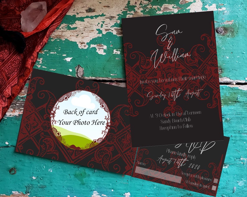 Gothic red lace dark wedding invitation package digital editable download image 2