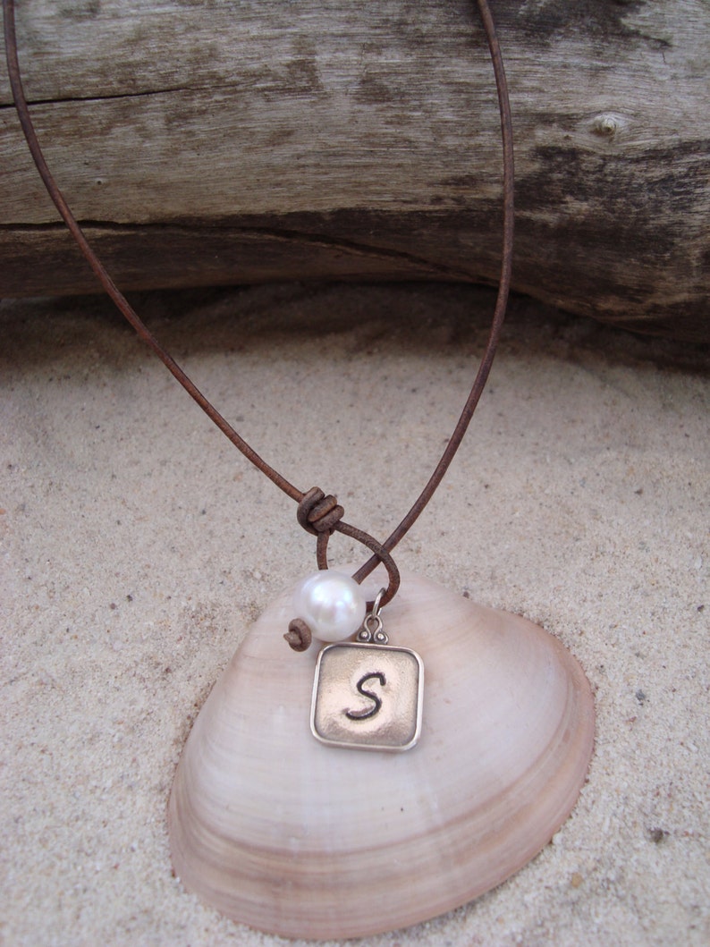 LEATHER PEARL NECKLACE with a Hand stamped Sterling Silver Pendant Susan