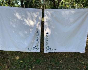 Curtains, Blue Flowers, Stamped Design