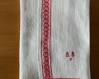 Tea Towel, Vintage White with Red and White Border