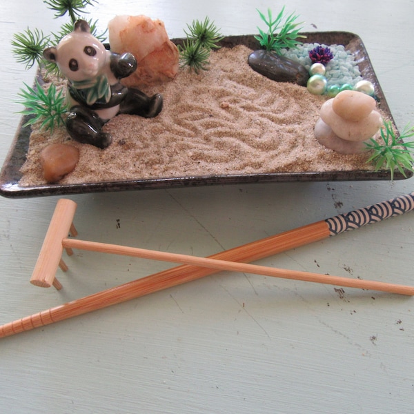 Panda Love A Miniature Desk Table Top Zen Sand Garden DIY KIT Meditation Decor with Porcelain Miniature Panda Bear Rake and Stylus