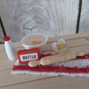 Miniature Baking Set Milk Bottle Bowl of Eggs Rolling Pin Butter Cracked Egg Towel Fairy Food Dollhouse Kitchen Scene Supply Acessory