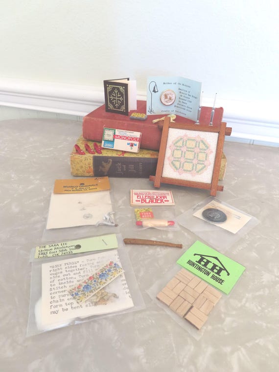 Vintage Dollhouse Miniatures Lot: Monopoly Game, Framed Stitch