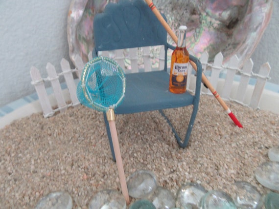 Miniature Fairy Garden Fishing Pole Net Corona Bottle of Beer Set