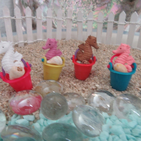 Miniature Fairy Beach Pail Bucket Seahorse Sea Shells Sand Toys Accessory Craft Supply Set Nautical Ocean