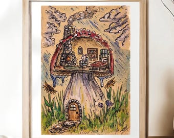 Rainy Day Mouse House Original Art Print