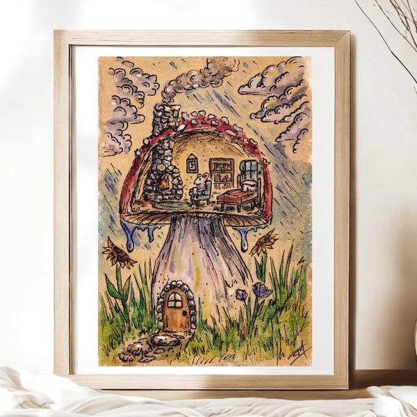 Regnerischer Tag Maus Haus Original Kunstdruck