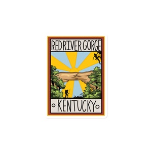 Puede incluir: Una pegatina con una ilustración escénica de Red River Gorge, Kentucky. El diseño incluye un puente natural, árboles, excursionistas y escaladores, con el texto "Red River Gorge" y "Kentucky" en un marco rectangular.