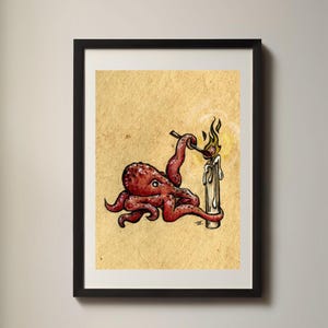 Puede incluir: Un pulpo rojo con un tentáculo sosteniendo una cerilla para encender una vela blanca. El pulpo está dibujado en un estilo de dibujos animados sobre un fondo beige.