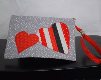 Wristlet in Gray and Red with Appliqued Hearts and Removable Strap