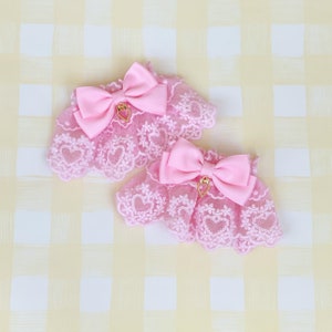 Sweet Lolita Lace Wrist Cuffs | Floral Heart Ribbon Wrist Cuffs with Heart Charms | Pink Lace Wrist Cuffs Bracelet