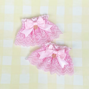 Sweet Lolita Lace Wrist Cuffs | Ribbon Bow Heart Lace Wrist Cuffs | Pink Lace Wrist Cuffs