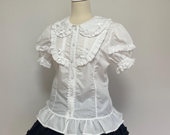 Classic Sweet Lolita Short Sleeves Ruffle Blouse with Ribbons | Gothic Lolita Blouse