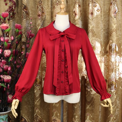 Classic Bow Tie Long Sleeves Pin tuck Chiffon Blouse | Gothic Lolita Blouse | EGL