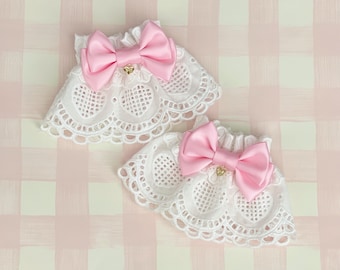 Sweet Lolita Lace Wrist Cuffs | Cotton Heart Lace Ribbon Wrist Cuffs with Charm | Gothic Lolita Lace Wrist Cuffs Bracelet