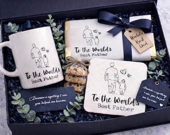 Vaderdagcadeauset voor papa: mok, onderzetter en chocolademand in premium zwarte doos