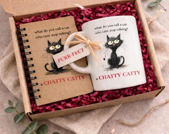 Divertida taza de café y cuaderno con diseño de gato negro • Regalo perfecto para los amantes de los gatos