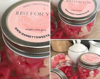 Pink and White Jelly Bean hearts in Jar