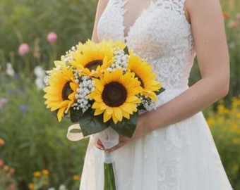 A wedding bouquet collection of yellow sunflowers and gysophila