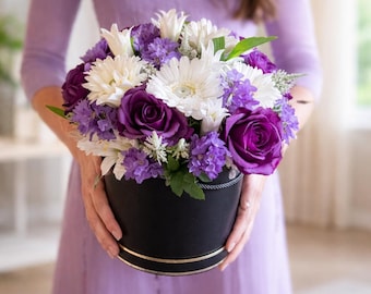 One of a Kind Flower Hat Box, Purple Artificial Flower Arrangement, Unique Floral Gift, Ready Made Gift for Her, Luxury Faux Flower Box