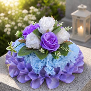 Purple & Blue Memorial Grave Arrangement | Artificial Graveside Flowers | Cemetery Pot Arrangement | Remembrance Flowers | Memorial Tribute