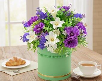 Purple & White Silk Flower Arrangement in Green Hat Box, Faux Floral Gift, Artificial Flowers, Spring Flower Box, Elegant Home Decor