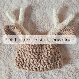 May include: Crochet pattern for a brown and white deer hat with antlers. PDF Pattern | Instant Download.