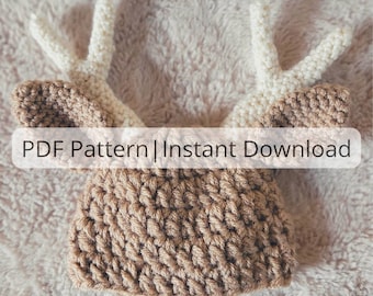Crochet Baby Buck Antler Hat| Deer Hat Pattern| Digital PDF Pattern| Easy Crochet Buck Hat Pattern