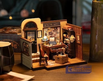 Mose's Detective Agency - Detective Agency Miniature with LED Lights DG157 - Robotime Rolife DIY Furnished Dollhouse Diorama Craft Kit