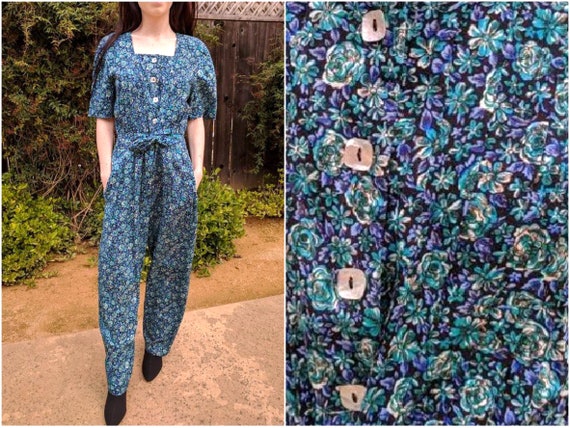80s Floral Jumpsuit Blue Tie Waist Romper