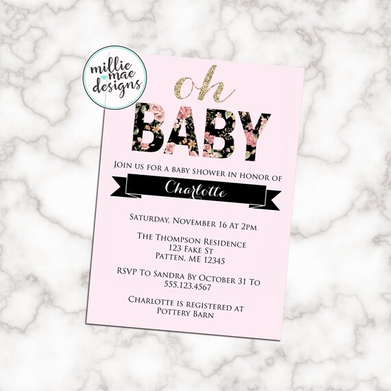Custom Gold Glitter And Pink Floral Oh Baby Shower Invitation By