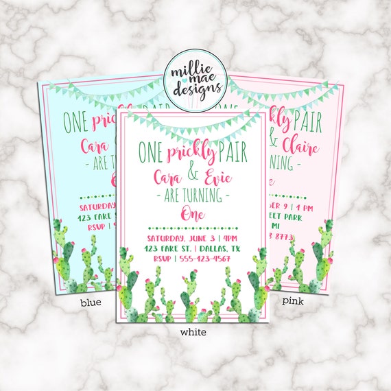 Watercolor Prickly "Pair" Cactus Twin Birthday Invitation - PINK - BLUE - WHITE Il_570xn