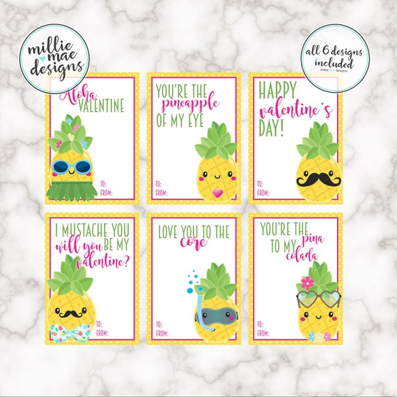 INSTANT DOWNLOAD - Pineapple Valentine's Day Cards - Pina - Mustache Il_570xn