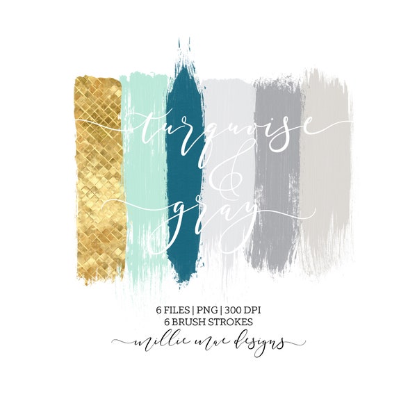 INSTANT DOWNLOAD - Turquoise and Gray Brush Stroke Clipart Pack - Teal - Aqua - Gray - Turquoise - Gold