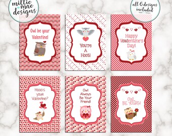 INSTANT DOWNLOAD - Owl Kid's Valentine's Day Cards