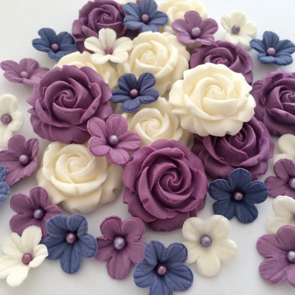 Purple Cream Rose Mix Sugar Flowers Edible Cake Decorations