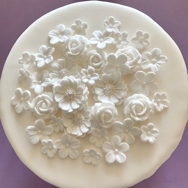 Wedding White Sugar Flowers 36 Edible Cake Decorations