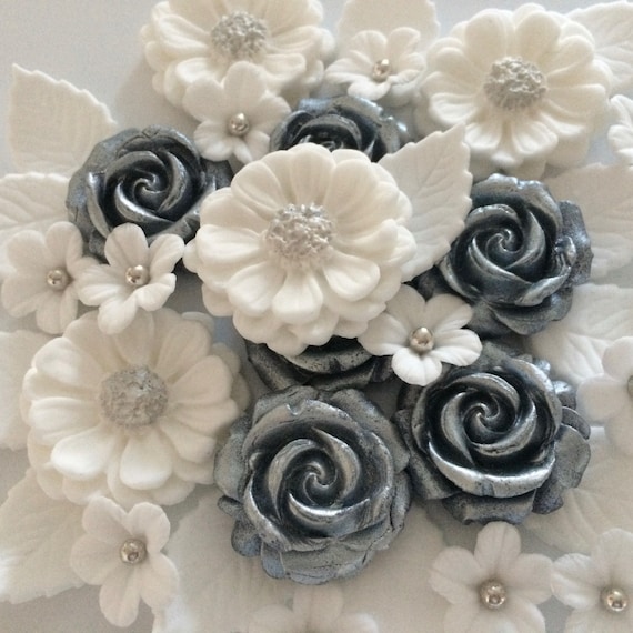 Silver Wedding Bouquet Fleurs De Sucre Comestibles Décorations Gâteau Toppers Gâteau