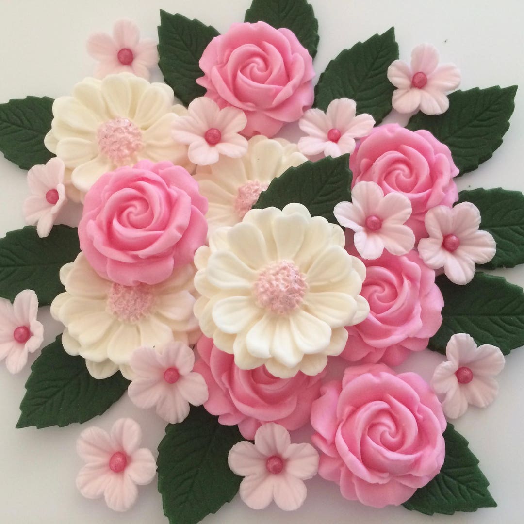 Candy Pink Rose Bouquet Sugar Flowers Edible Fondant Cake Decorations