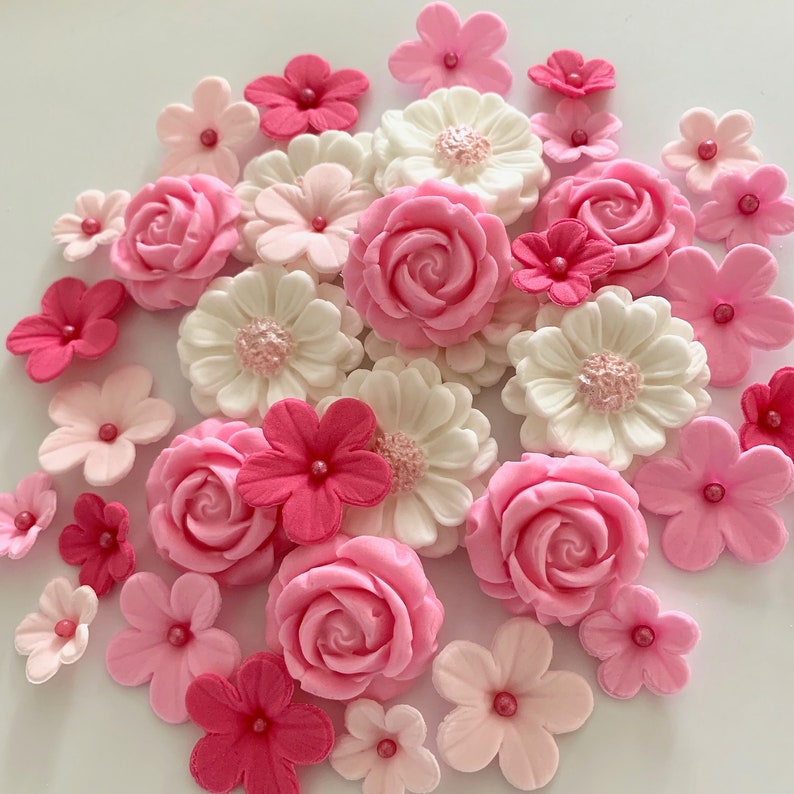 WEDDING PINK FLOWERS Edible Sugar Cake Decorations Cupcake Etsy