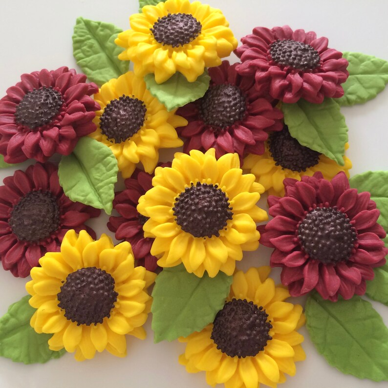 12 SUNFLOWERS WITH LEAVES edible sugar flowers cake Etsy